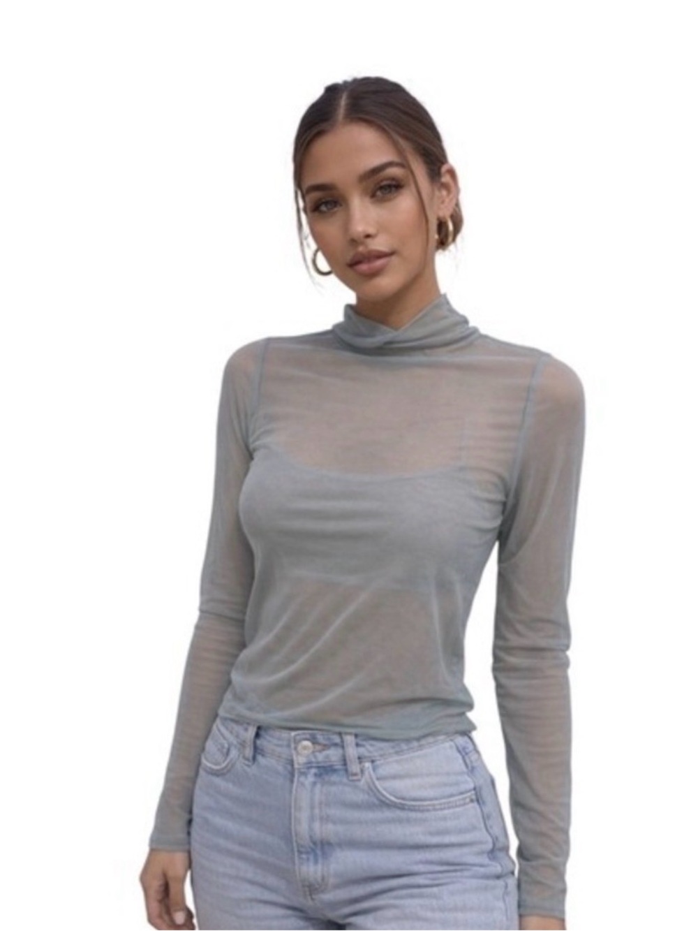 Light Sage Sheer Long-Sleeve Mock Neck Top
